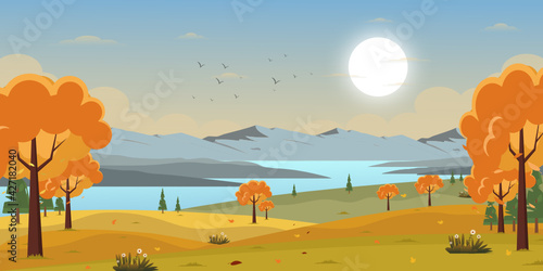 
A scenic view in an autumn background, well-defined flat illustration 

