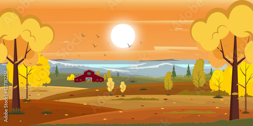 
A scenic view in an autumn background, well-defined flat illustration 


