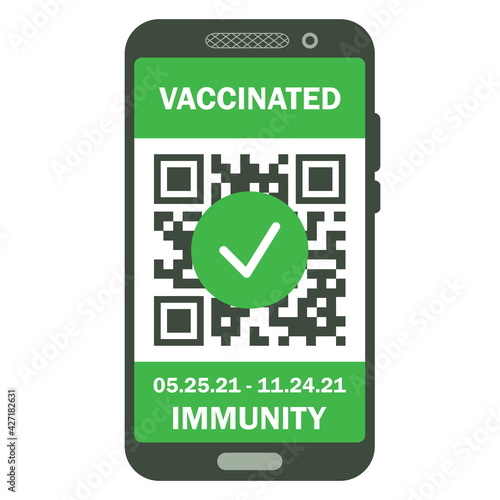 Travel immune passport in mobile phone. Covid-19 immunity certificate for safe traveling or shopping. Electronic health passport with QR code. Immunity digital document from coronavirus