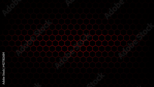 Dark Black Hexagon Background with Red Flash Light. Vector illustration
