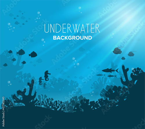 Underwater background with various sea views. Underwater scene. Cute sea fishes ocean underwater animals. Undersea bottom with corals seaweeds kids cartoon vector concept