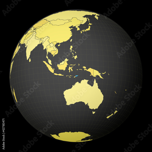 Timor-Leste on dark globe with yellow world map. Country highlighted in blue. Satellite world projection centered on Timor-Leste. Astonishing vector illustration.