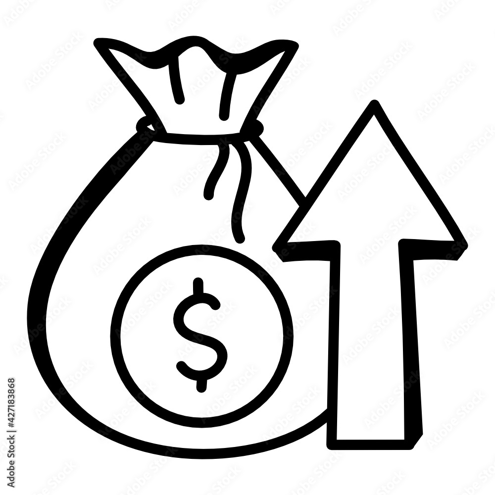 Money bag with upward arrow denoting doodle icon of earning
Money bag with upward arrow denoting doodle icon of earning