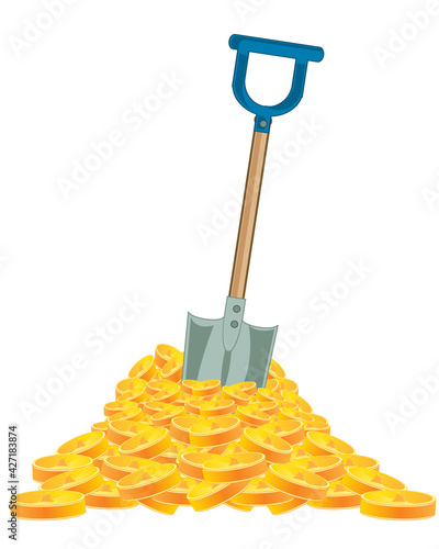 Heap of the golden coins and tool shovel