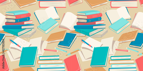 Student school things, open books, textbooks and pages with office supplies. Wallpaper, textile, wrapping paper, background