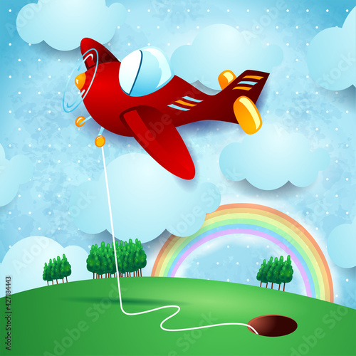 Red airplane hanging at the hole on country landscape, vector illustration eps10