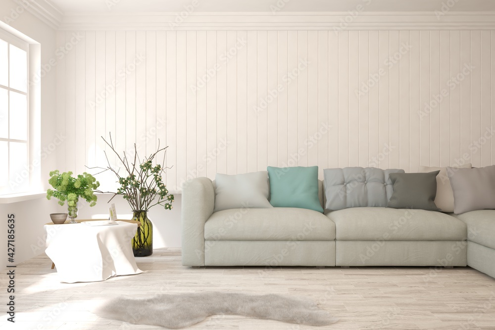 Fototapeta premium White living room with sofa. Scandinavian interior design. 3D illustration