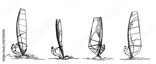 Large vector set of wind surfing. A guy on a windsurf rides on the waves. hand drawing. Sketch. doodle