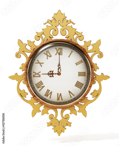 Classic ornamental wall clock isolated on white background. 3D illustration