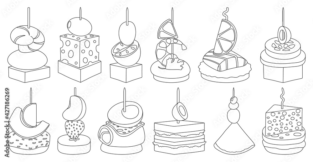 Canape and food outline vector set illustration of icon.Food and appetizer vector set of icon.Canape outline collection on white background.