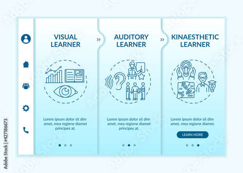 Learning styles onboarding vector template. Responsive mobile website with icons. Web page walkthrough 3 step screens. Academic achievements color concept with linear illustrations