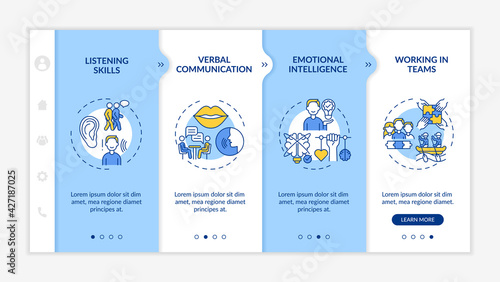 Interpersonal skill self assessment types onboarding vector template. Responsive mobile website with icons. Web page walkthrough 4 step screens. Success color concept with linear illustrations