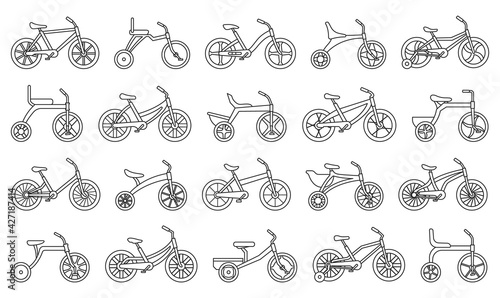 Child bicycle isolated outline set icon. Vector illustration children bike on white background. Vector outline set icon child bicycle.