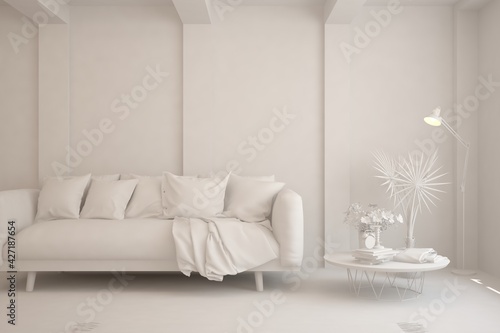 White minimalist living room with sofa. Scandinavian interior design. 3D illustration