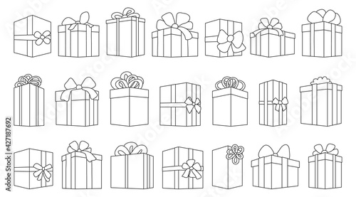 Giftbox outline vector set illustration of icon.Isolated collection illustration outline of box gift on white background.Vector set icon of giftbox for present .