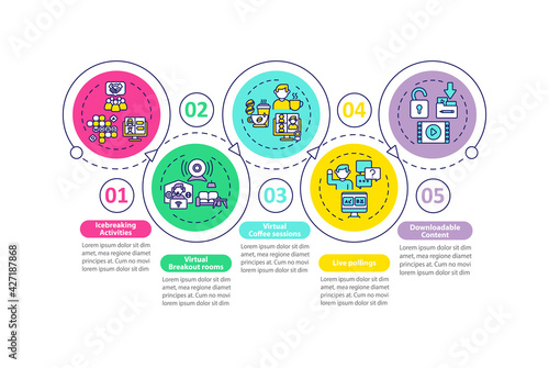 VE success tips vector infographic template. Icebreaking activities, pollings presentation design elements. Data visualization with 5 steps. Process timeline chart. Workflow layout with linear icons