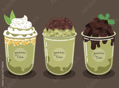 Green Tea Smoothie Set Garnish with brownies and chocolate sauce. And the Japanese red bean face And delicious whipped cream.