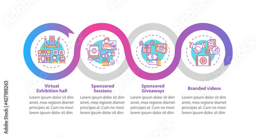 Sponsorship VE vector infographic template. Branded videos, sponsored sessions presentation design elements. Data visualization with 4 steps. Process timeline chart. Workflow layout with linear icons