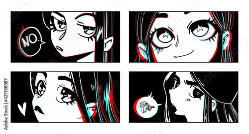 Close up of Asian female Eyes look. Black and white Manga style. Vector illustration of anime characters.