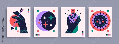 Abstract poster collection with hands, animals and abstract elements and shapes. Set of contemporary print templates. Vector illustration