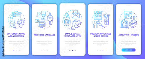 Smart content analytics criteria navy onboarding mobile app page screen with concepts. SEO walkthrough 5 steps graphic instructions. UI, UX, GUI vector template with linear color illustrations