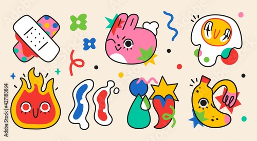 Collection of crazy Abstract comic characters elements and shapes. Bright colors Cartoon style. Vector Illustration