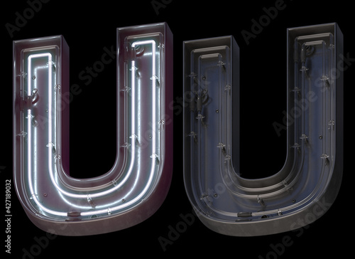 Metal neon font with On and Off. Letter U. 