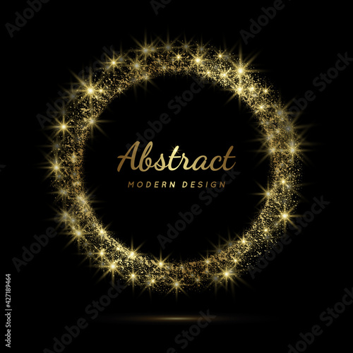 Circle gold sparkle frame. Luxury golden circular border with effect bling grunge. Elegant sphere boarder. Modern ring. Shape round pattern. Delicate graphic element, Design for award, prints. Vector