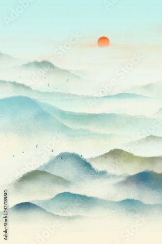 Green Chinese ink landscape painting，Traditional watercolor and ink landscape painting，Mountain and forest landscape with clouds and mist