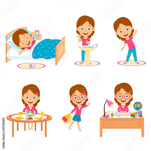 Cute cartoon little girl daily routine