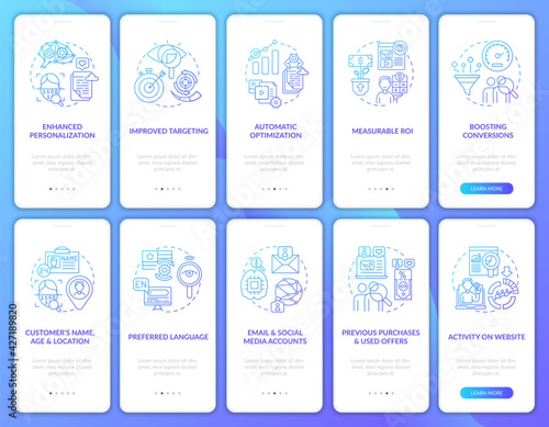 Smart content navy onboarding mobile app page screen with concepts set. Targeting strategies walkthrough 5 steps graphic instructions. UI, UX, GUI vector template with linear color illustrations