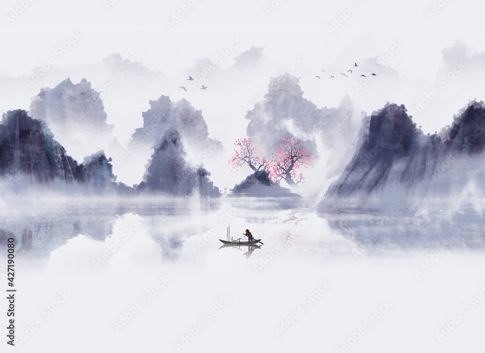 Fototapeta premium Hand painted Chinese style blue landscape painting