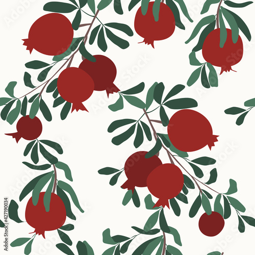 Seamless vector pattern. Red pomegranate fruit on a branch with leaves. Simple abstract shapes, minimalism. Fruit harvest. Vector background for cover, print for clothes, textiles