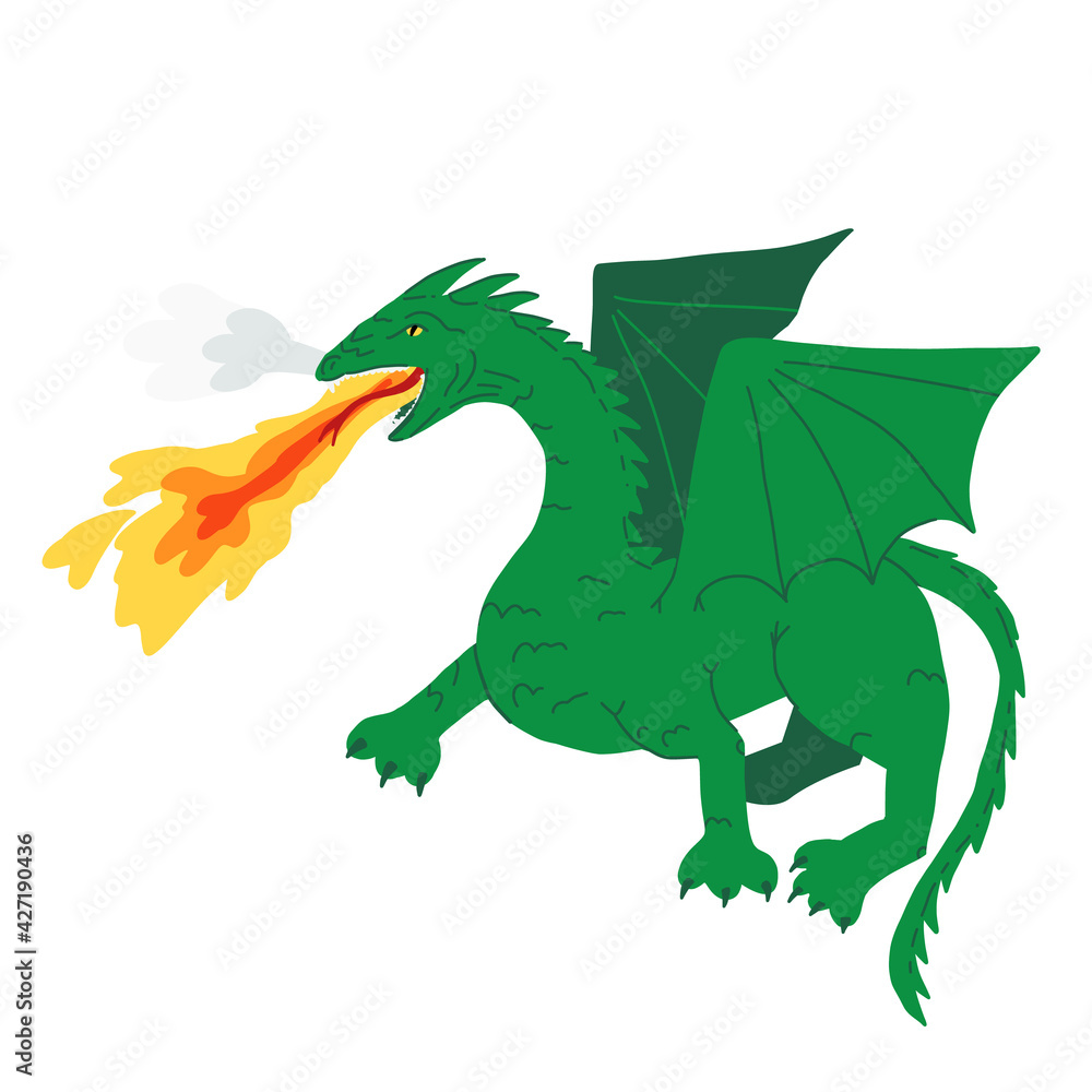 A mythical creature, frightening green dragon spews flame and smoke from its mouth. Cartoon vector isolated illustration A mythical creature, frightening green dragon spews flame and smoke from its mouth. Cartoon vector isolated illustration