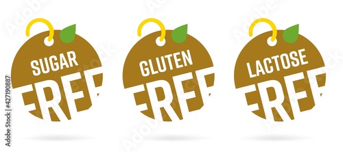 Sugar, gluten, lactose free round non allergy product tag. Set of different circle shape label for diabetic, ecology, healthy nourishment vector illustration isolated on white background