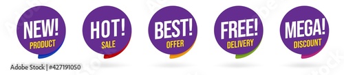 Different sale badge, label, tag with special advertisement. New product, hot sale, best offer, free delivery, mega discount promotion announcement speech bubble vector illustration isolated on white
