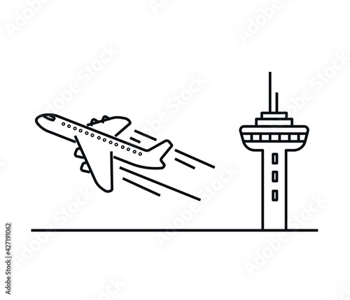 Airliner and airport icon. Passenger plane taking off icon. Airliner icon.