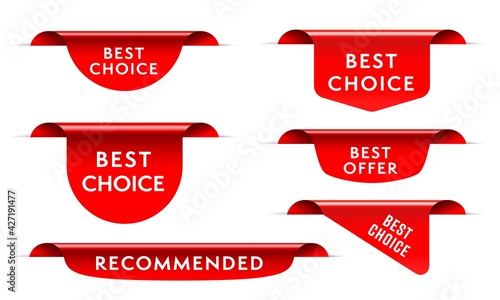 Best choice red tag ribbon, bookmark label, corner sticker. Set of red realistic three-dimensional quality product recommended silk scroll tape vector illustration isolated on white background