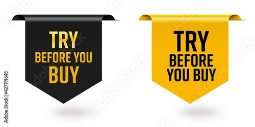 Try before you buy offer black yellow sale tag ribbon edge. Set of realistic three-dimensional glossy silky bookmark tape with product test advertising vector illustration isolated on white background