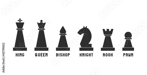 Set of black chessmen on white background. Silhouettes of chess pieces. Vector flat illustration