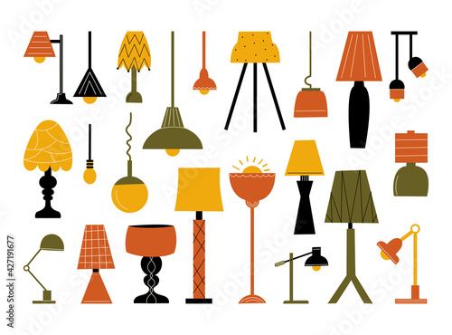 Set of different lamps. Vector flat illustration on white background