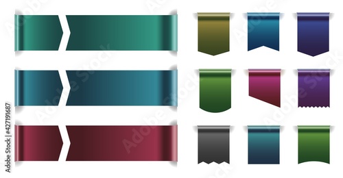 Horizontal and vertical tag ribbon tape with copy space set. Silk bookmark with empty blank place for promotion text, special offer, marketing announcement vector illustration isolated on white