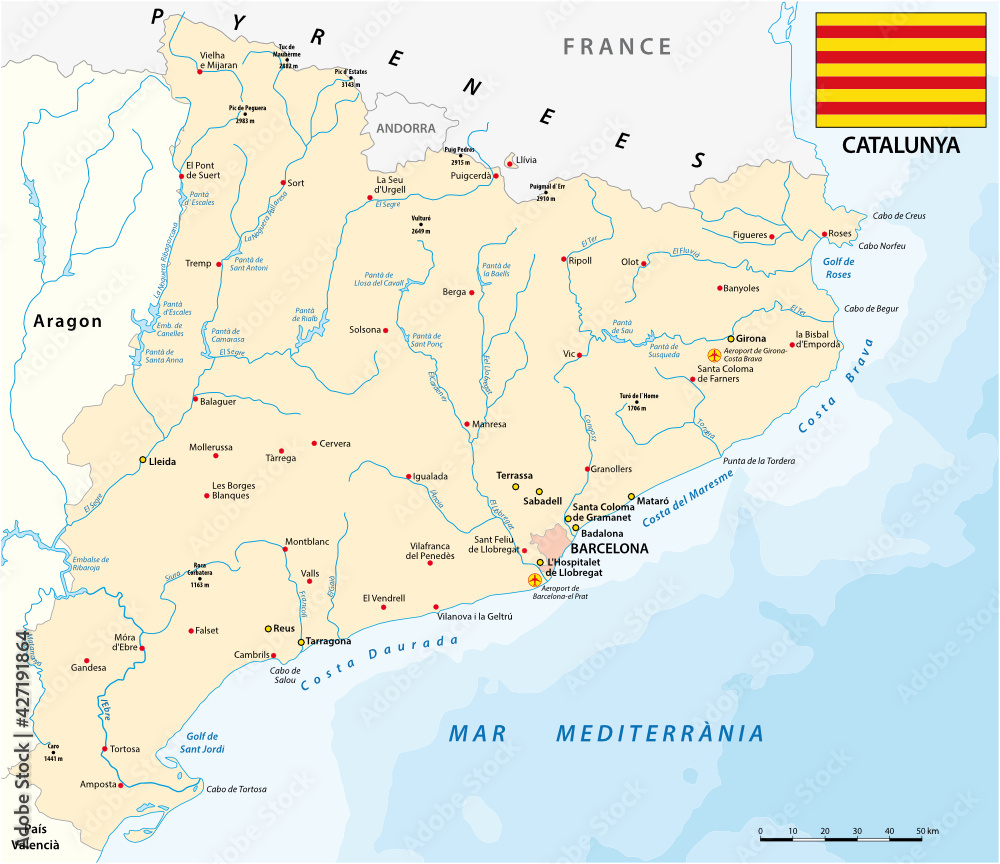 vector map of spanish region of Catalonia with flag