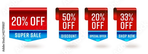 20, 50, 33 percent off super sale discount special offer tag. Bookmark ribbon pointer badge advertising to shop now with great price-off vector illustration isolated on white background