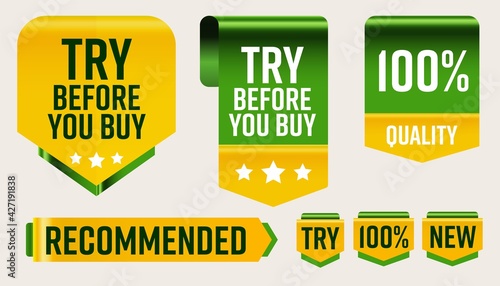 Recommended sale tag, taster pointer, quality mark set. Try before buy, 100 percent quality warranty, popular approved announcement, try, 100 percent and new arrival or product label vector