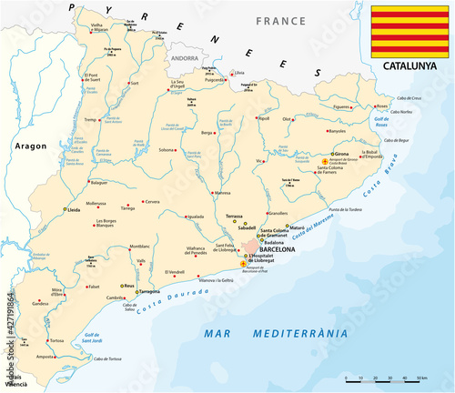 vector map of spanish region of Catalonia with flag