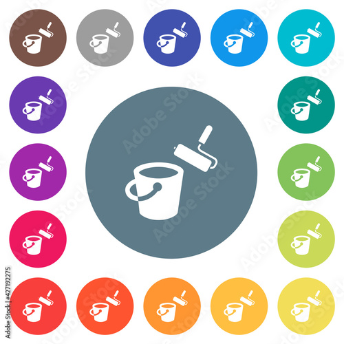 Paint bucket and paint roller flat white icons on round color backgrounds