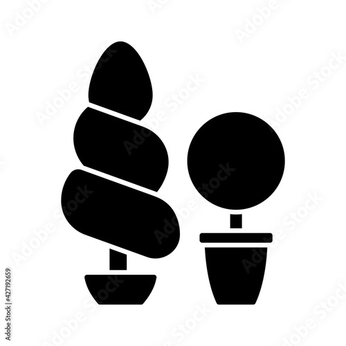Topiaries and evergreens black glyph icon. Horticultural practice of training perennial plants by clipping foliage and twigs of trees. Silhouette symbol on white space. Vector isolated illustration