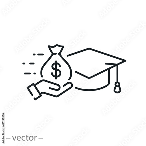 education credit or scholarship, icon, college fee, tuition expenses, money loan and academy hat, thin line symbol on white background - editable stroke vector eps10