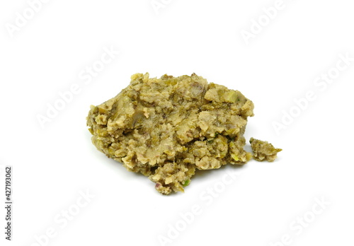 Boiled and mashed green mung beans, isolated on white background. Green mung beans purre.